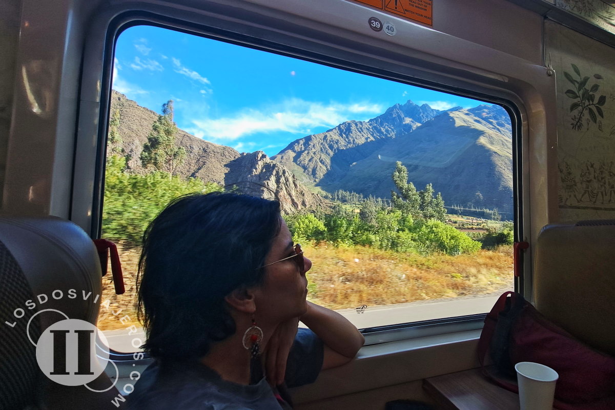 Shere disfrutando de las vistas en el tren PeruRail